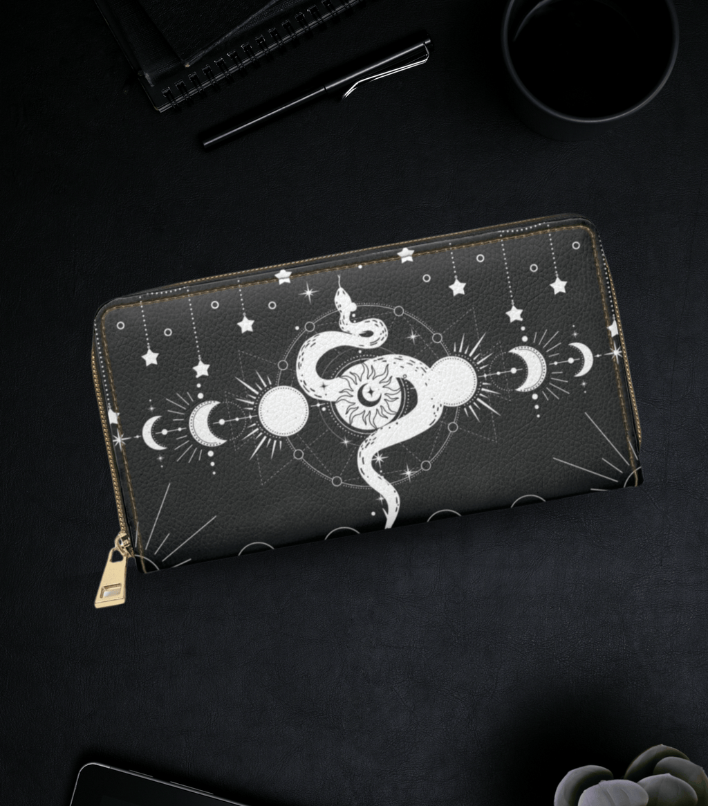 Gothic Celestial Snake Moon Phase Wallet | Witchy Faux Leather Zipper Clutch