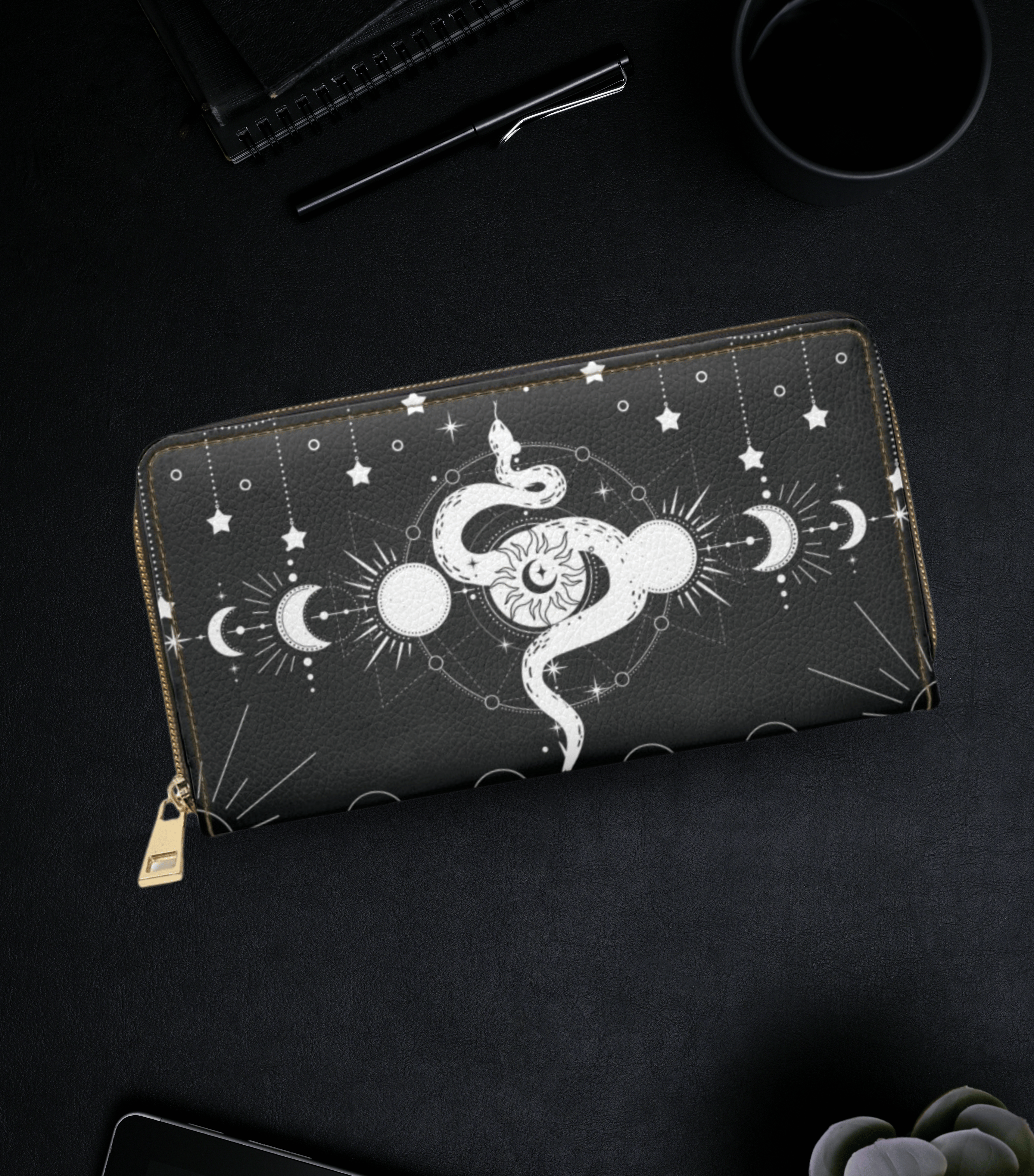 Gothic Celestial Snake Moon Phase Wallet | Witchy Faux Leather Zipper Clutch
