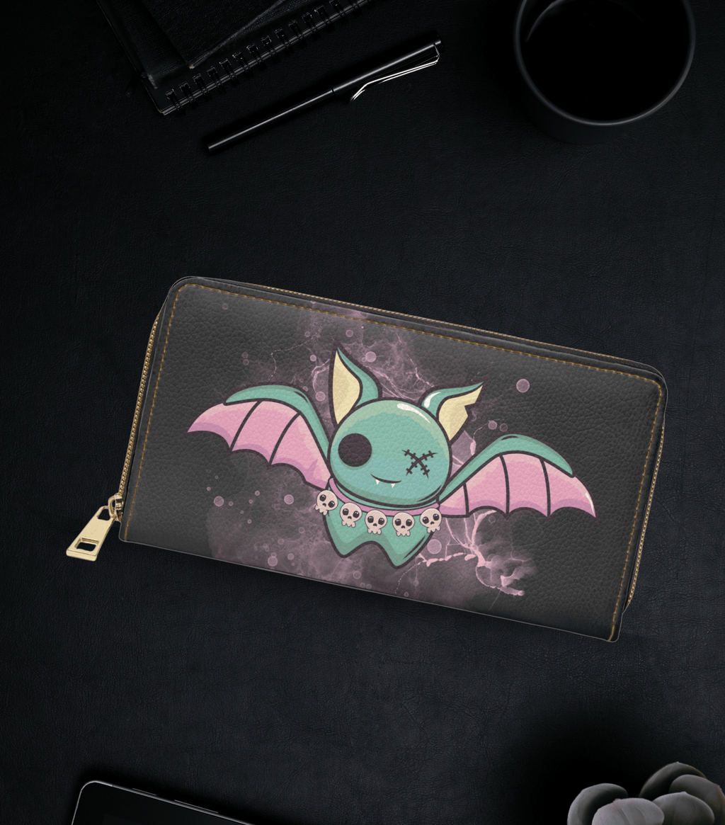 Pastel goth kawaii teal bat skull necklace pink wings eye patch stormy purple faux leather zipper wallet gold hardware
