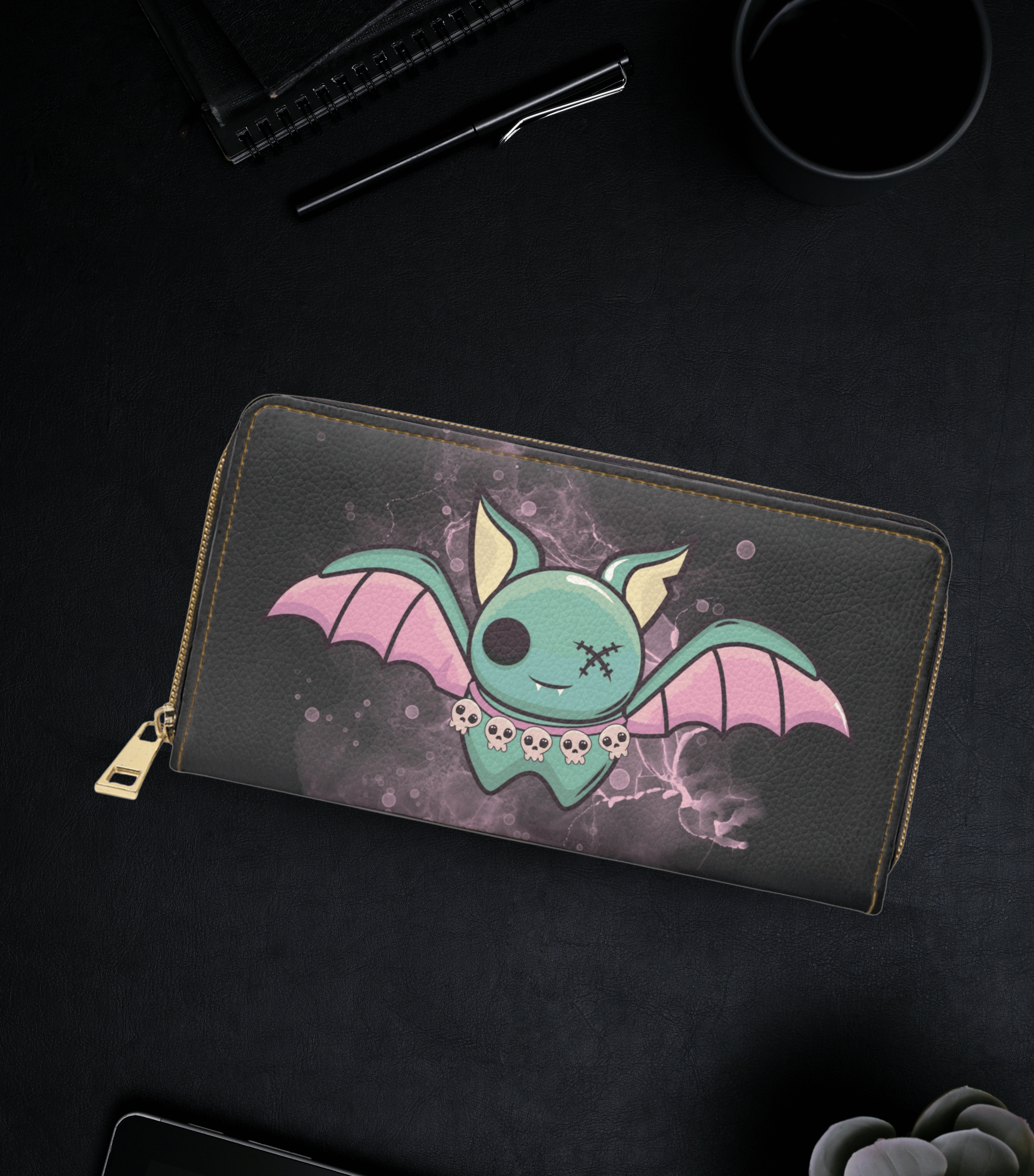 Pastel goth kawaii teal bat skull necklace pink wings eye patch stormy purple faux leather zipper wallet gold hardware