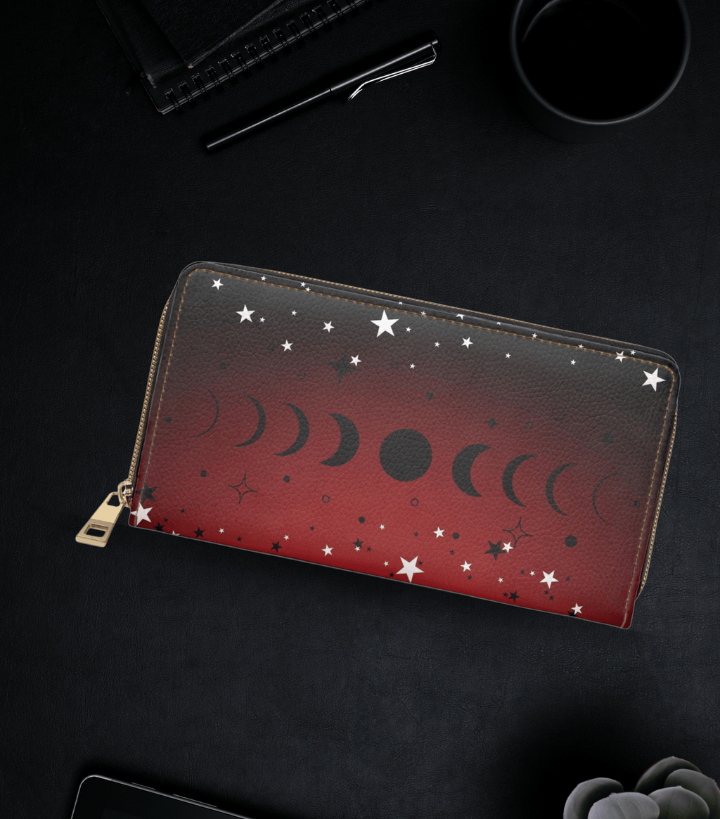 Gothic Moon Phase Wallet | Crimson Dark Academia Faux Leather Zipper Clutch