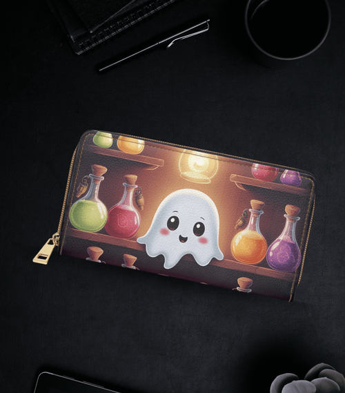 Apothecary Ghost Potion Wallet | Kawaii Spooky Faux Leather Zipper Clutch