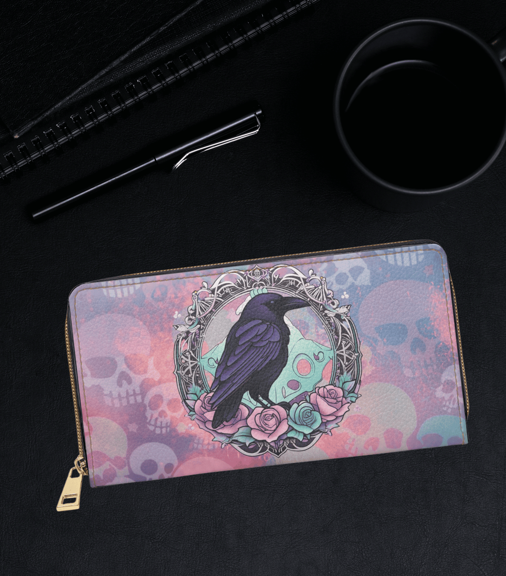 
Pastel goth raven gothic medallion pink purple teal roses skull background faux leather zipper wallet gold hardware