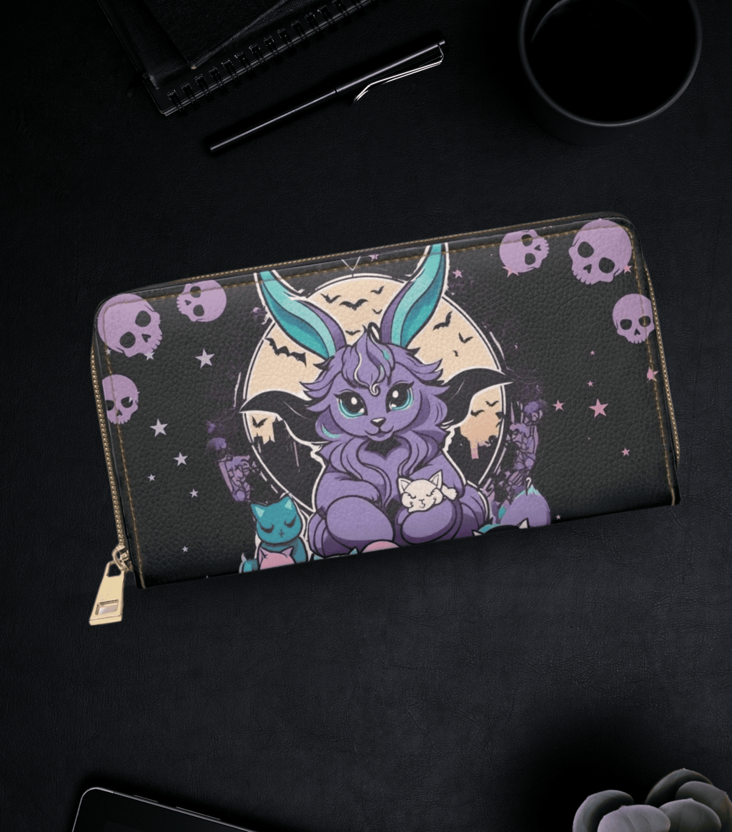 Pastel goth baphomet bat wings purple kawaii cats skulls full moon bats black faux leather zipper wallet gold hardware