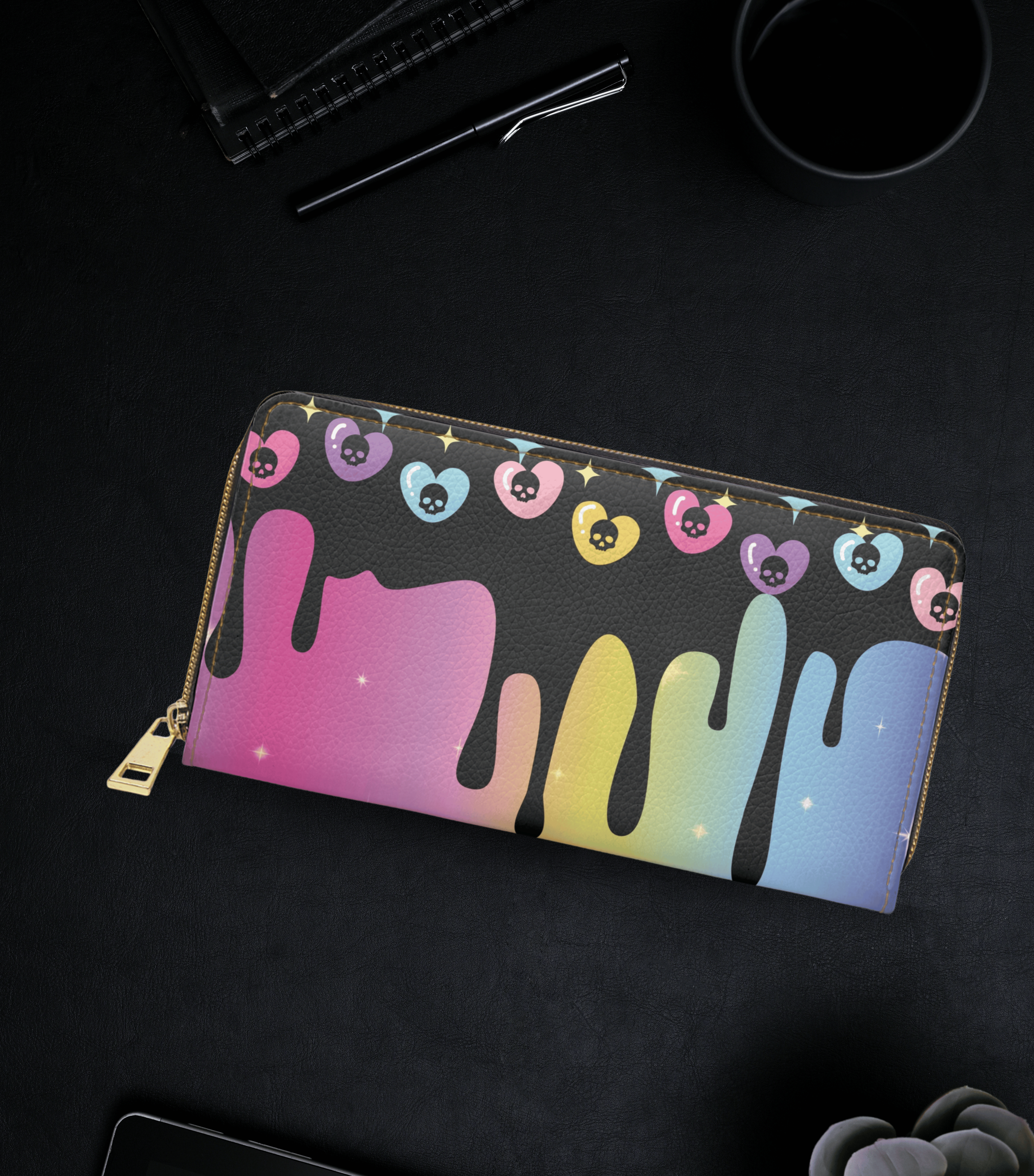 Pastel Goth Rainbow Drip Skull Heart Wallet | Colorful Faux Leather Zipper Clutch