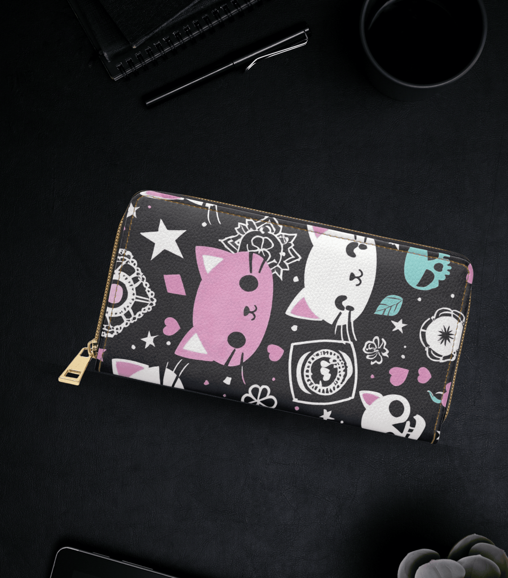 Pastel Goth Kawaii Cat Wallet | Pink & Black Faux Leather Zipper Clutch