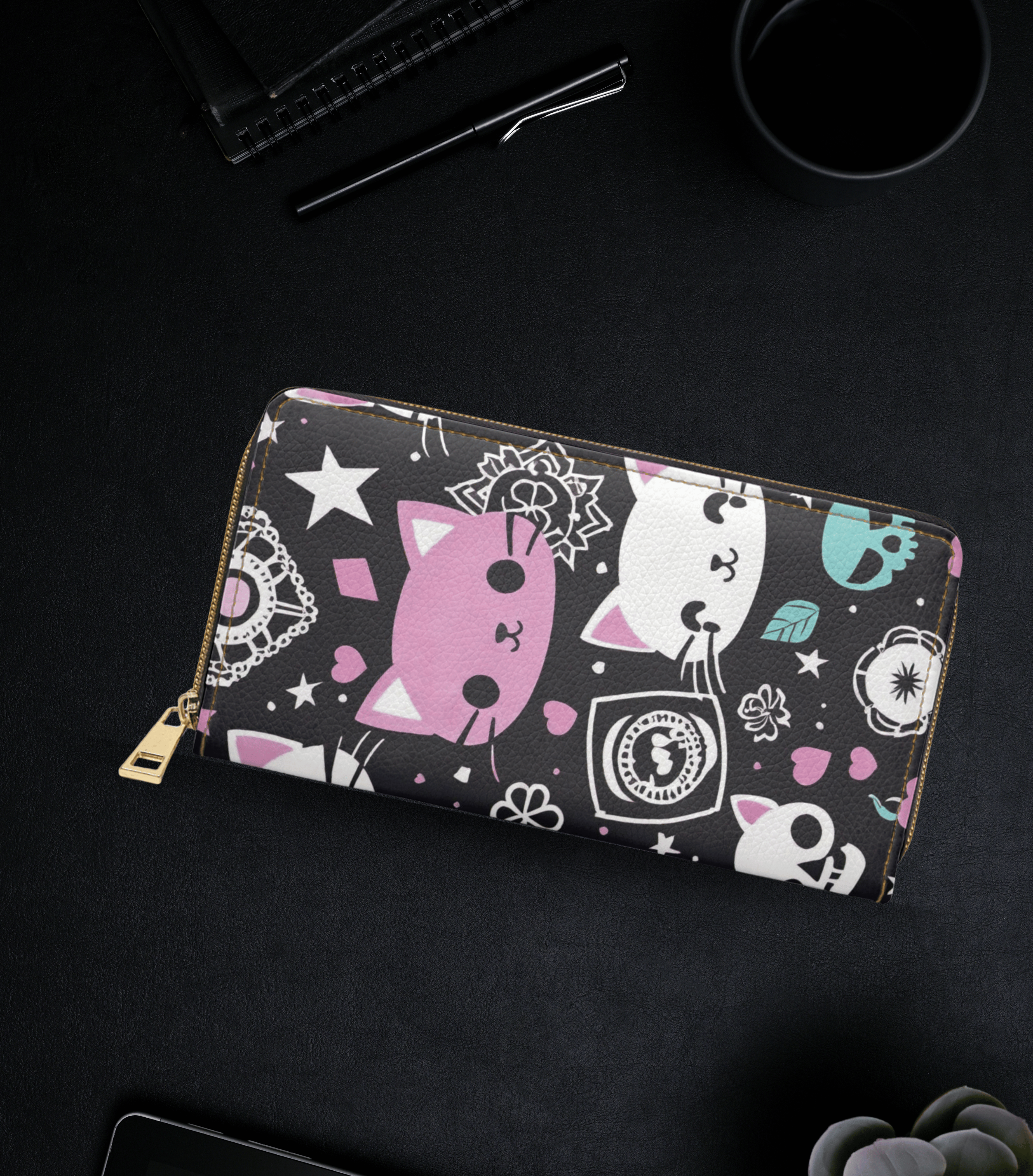 Pastel Goth Kawaii Cat Wallet | Pink & Black Faux Leather Zipper Clutch