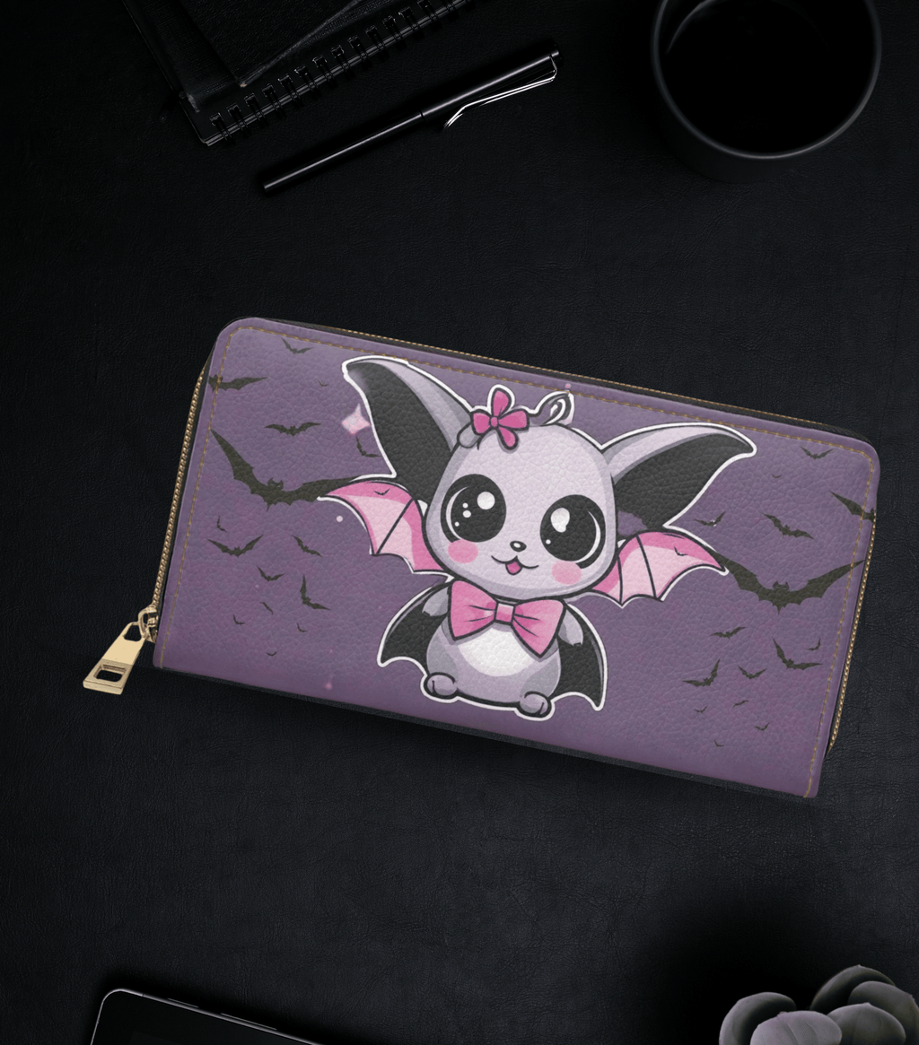 Pastel goth kawaii bat pink bow tie wings grey white purple bat silhouettes faux leather zipper wallet gold hardware