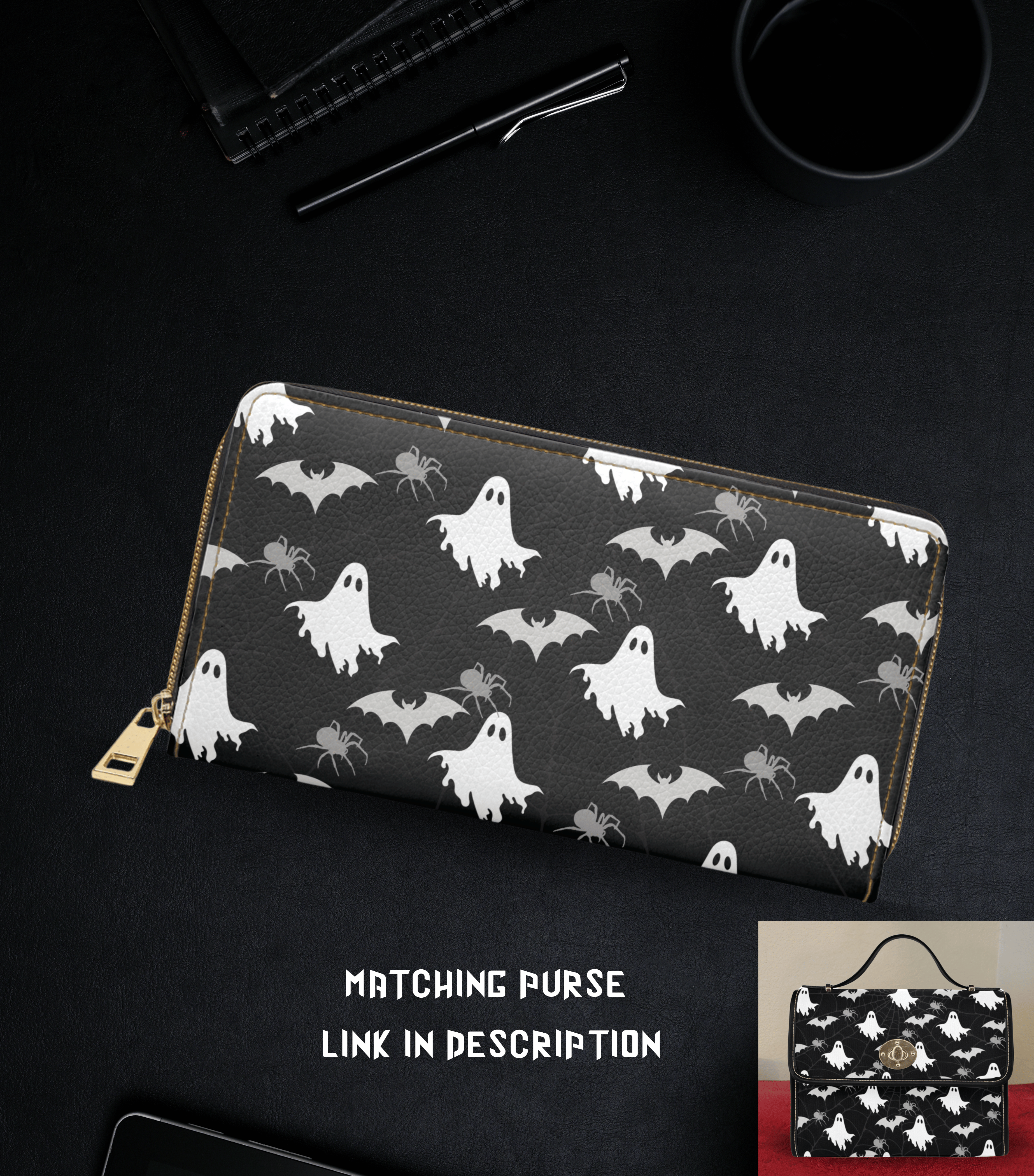 Gothic ghost bat spider white grey charcoal spooky print faux leather zipper wallet gold hardware