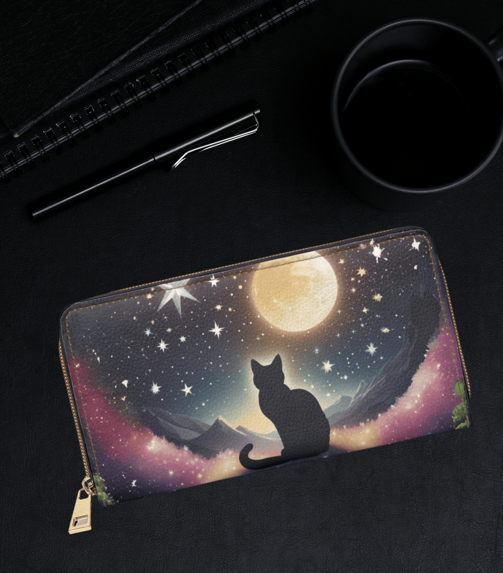 Gothic Black Cat Full Moon Wallet | Celestial Night Sky Faux Leather Zipper Clutch