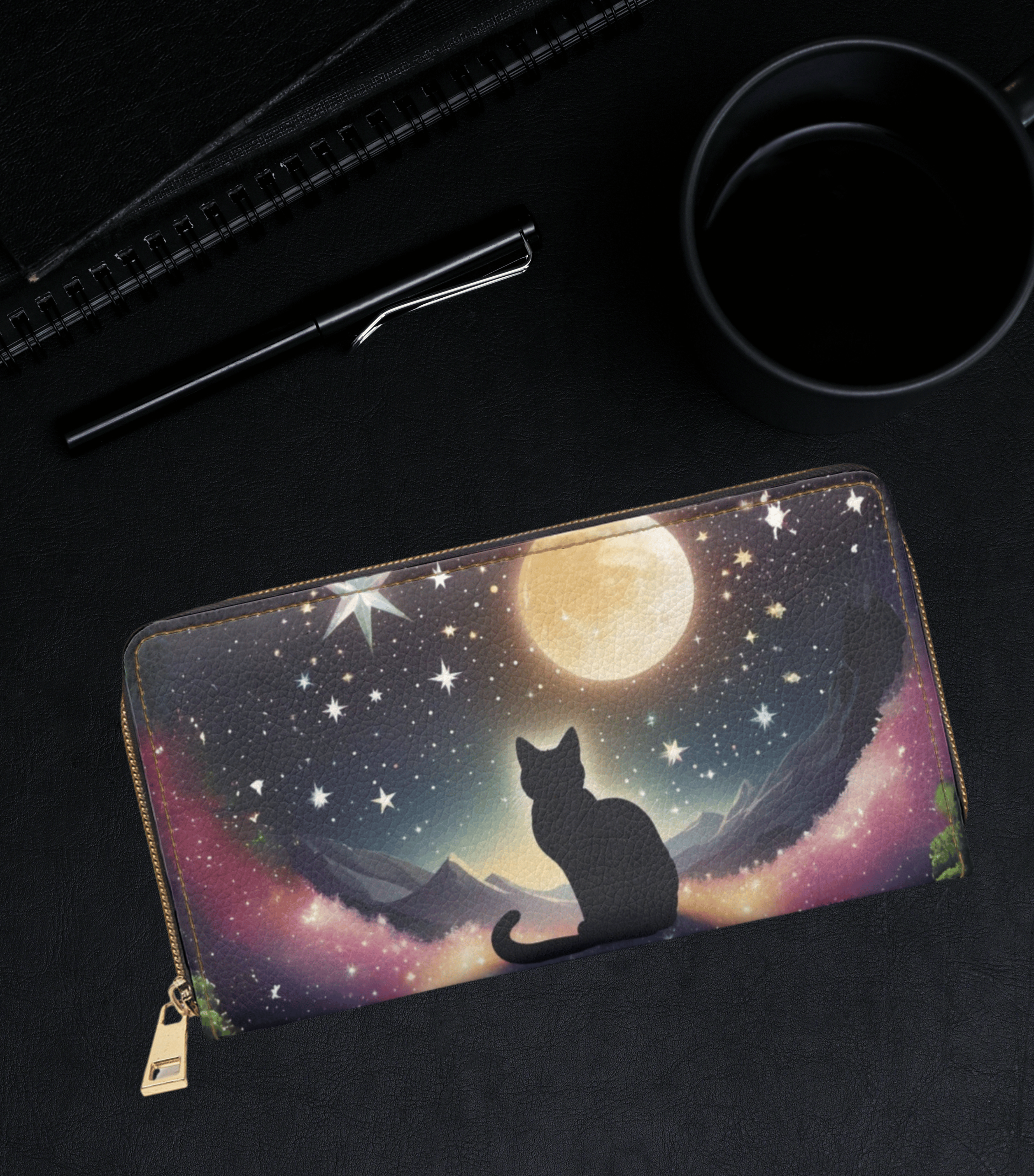 Gothic Black Cat Full Moon Wallet | Celestial Night Sky Faux Leather Zipper Clutch