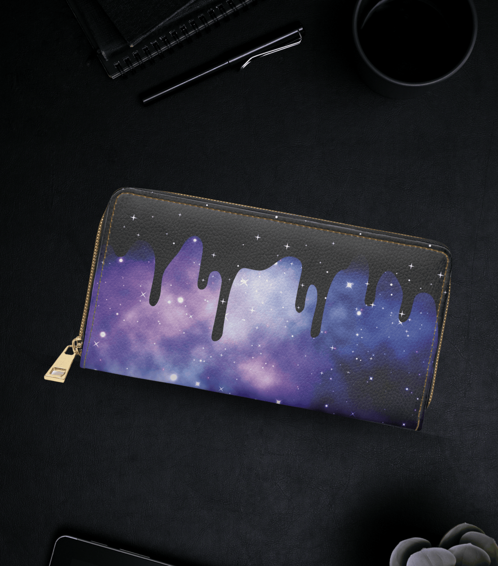 Pastel Goth Galaxy Drip Wallet | Purple Nebula Faux Leather Zipper Clutch