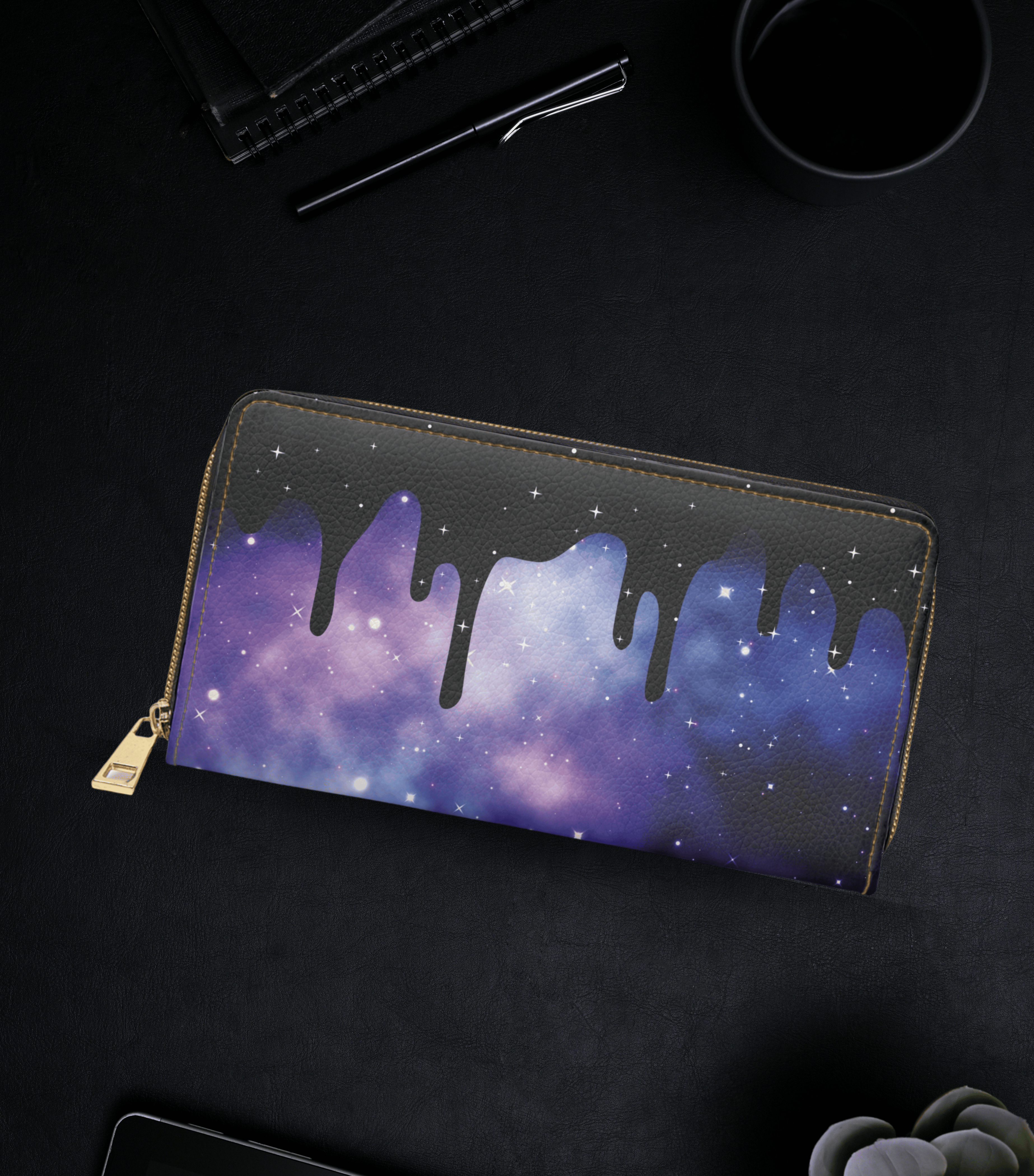 Pastel Goth Galaxy Drip Wallet | Purple Nebula Faux Leather Zipper Clutch