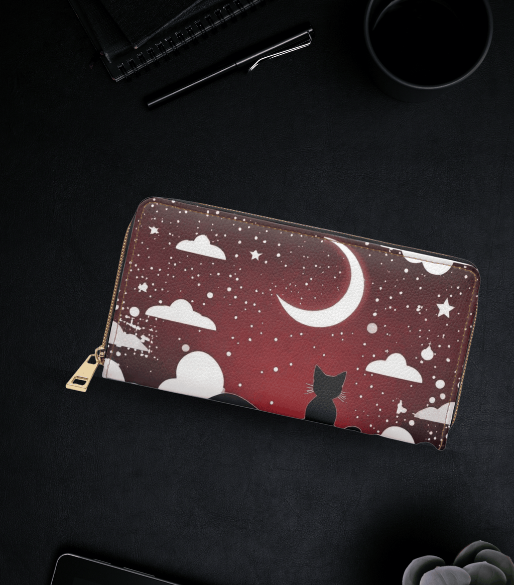 Gothic black cat crescent moon burgundy crimson night sky white stars clouds faux leather zipper wallet gold hardware