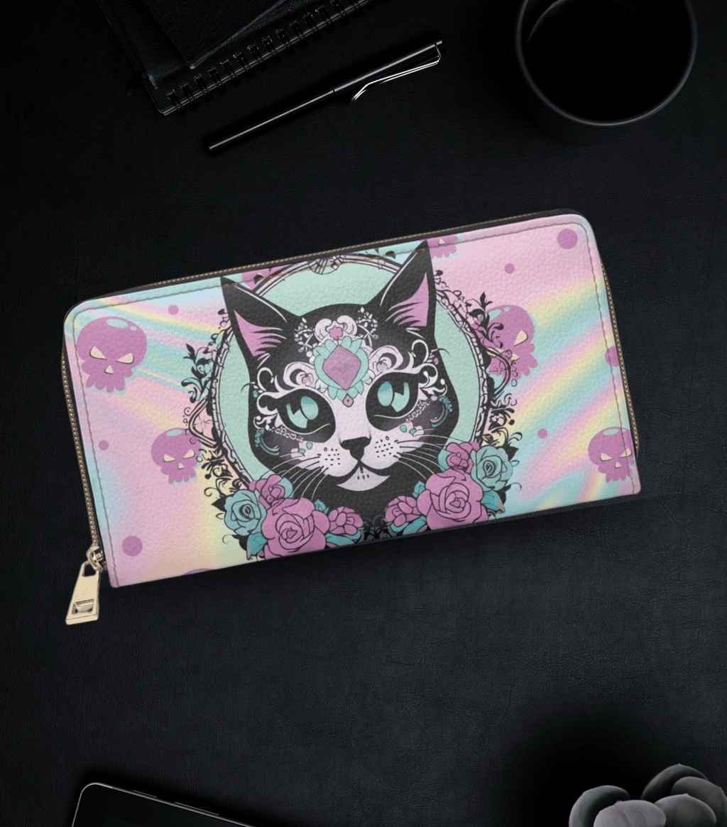 Pastel goth sugar skull cat teal gem eyes pink blue roses rainbow holographic purple skulls faux leather zipper wallet gold hardware
