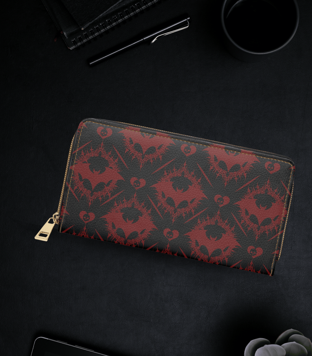 Gothic Bat Pattern Wallet | Black & Red Damask Faux Leather Zipper Clutch