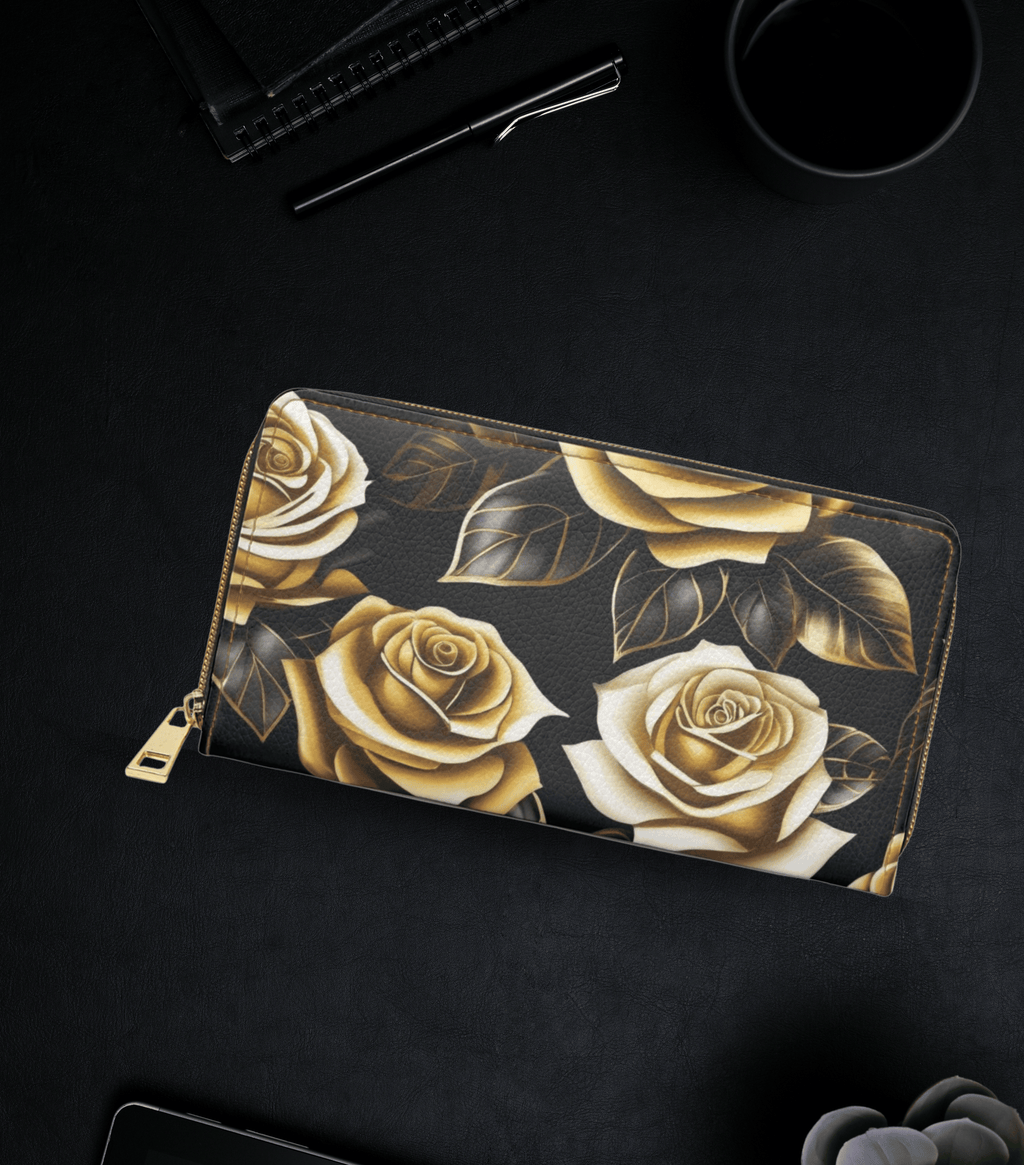 Gothic black gold cream oversized roses dark leaves faux leather zipper wallet gold hardware elegant