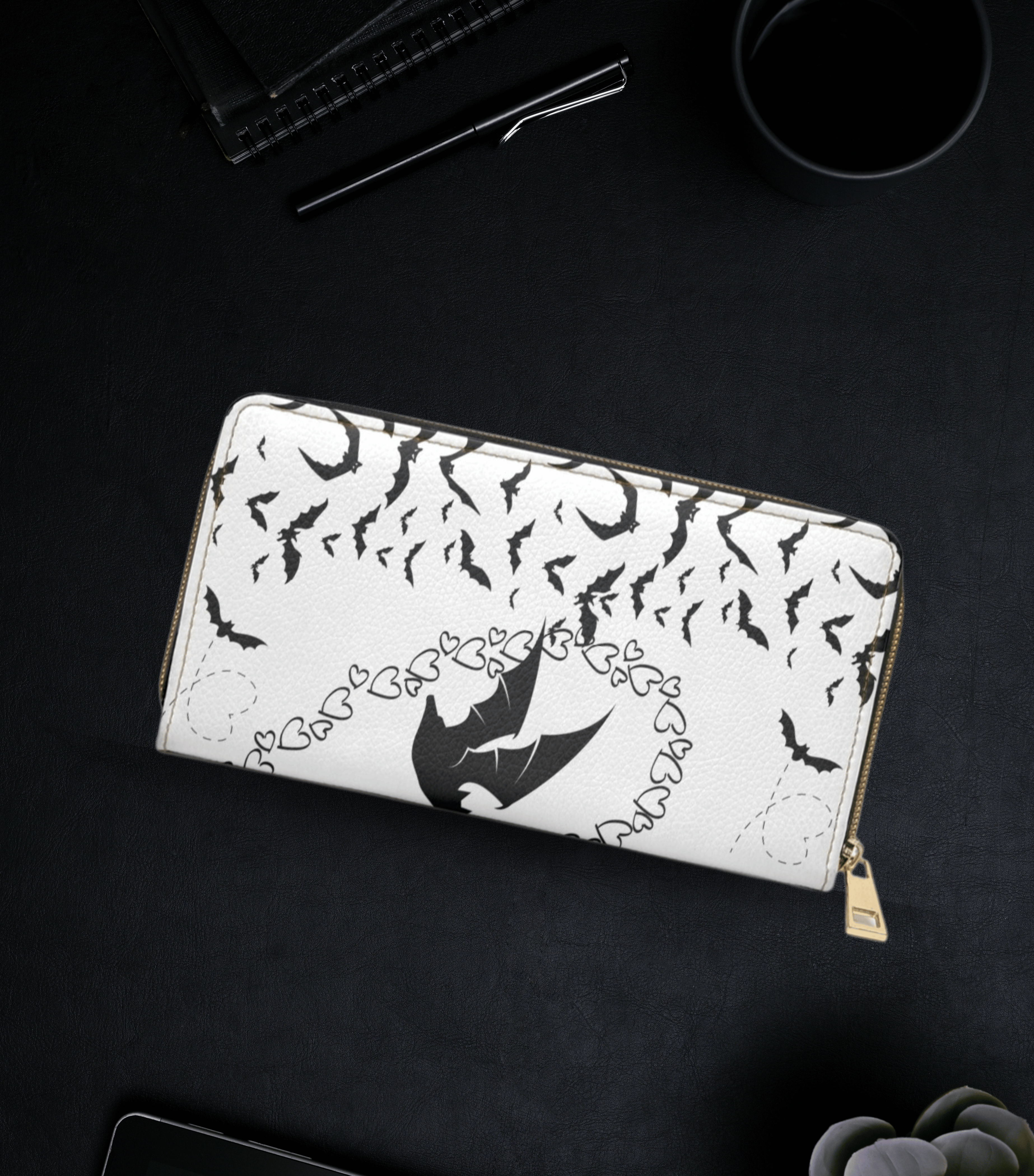 Gothic Bat & Heart Chain Wallet | Two-Sided Black & White Faux Leather Zipper Clutch