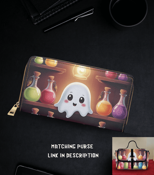 Apothecary kawaii ghost colorful potion bottles wooden shelves faux leather zipper wallet gold hardware