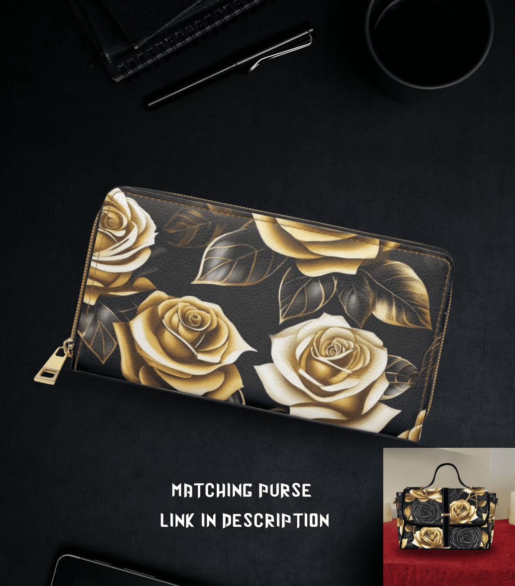 Gothic Black & Gold Rose Wallet | Elegant Floral Faux Leather Zipper Clutch
