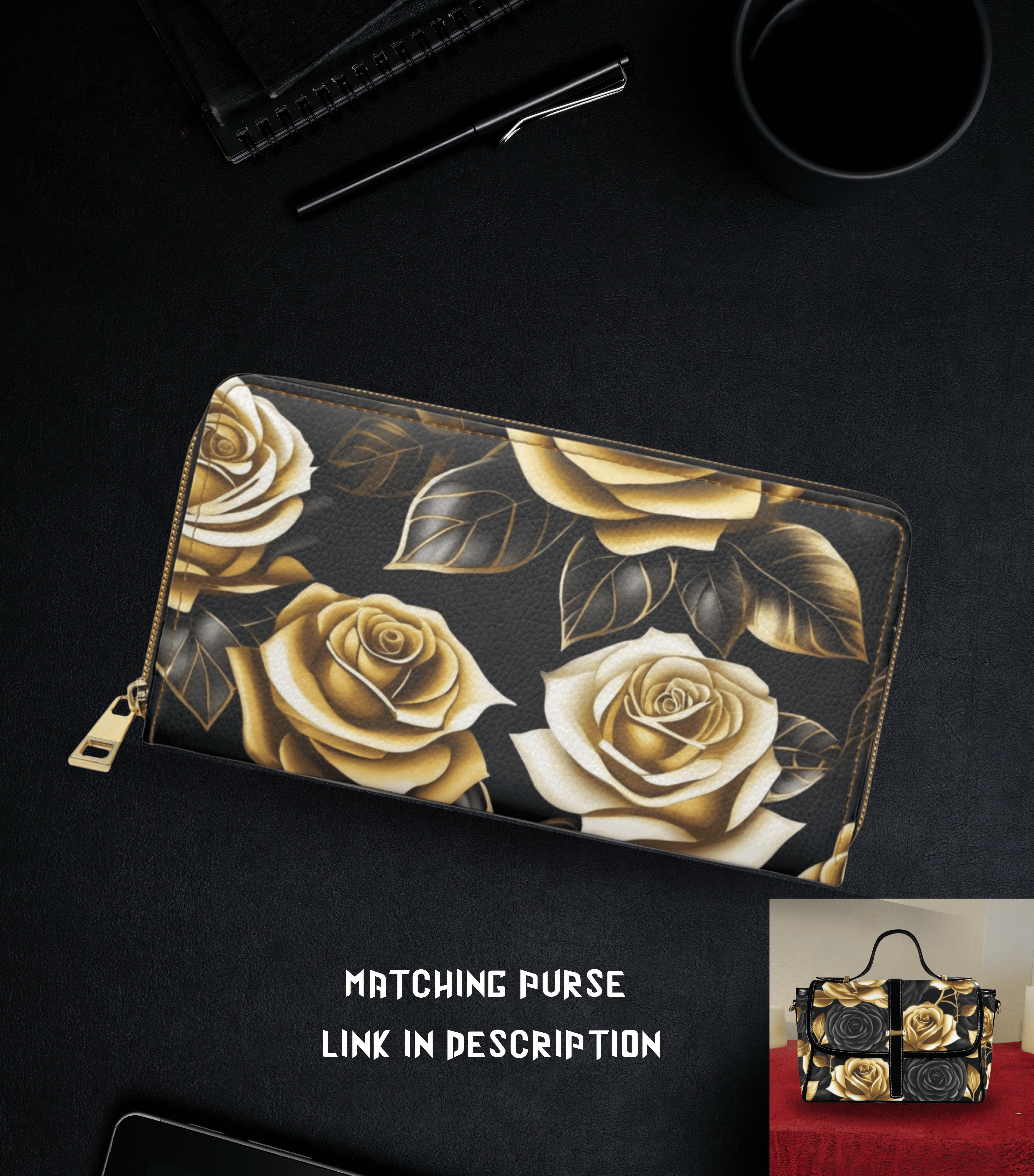 Gothic Black & Gold Rose Wallet | Elegant Floral Faux Leather Zipper Clutch