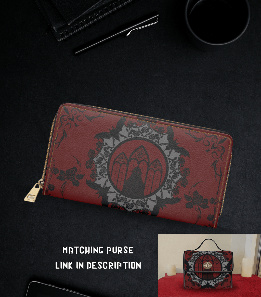 Gothic cathedral window bat mandala black roses crimson red faux leather zipper wallet gold hardware