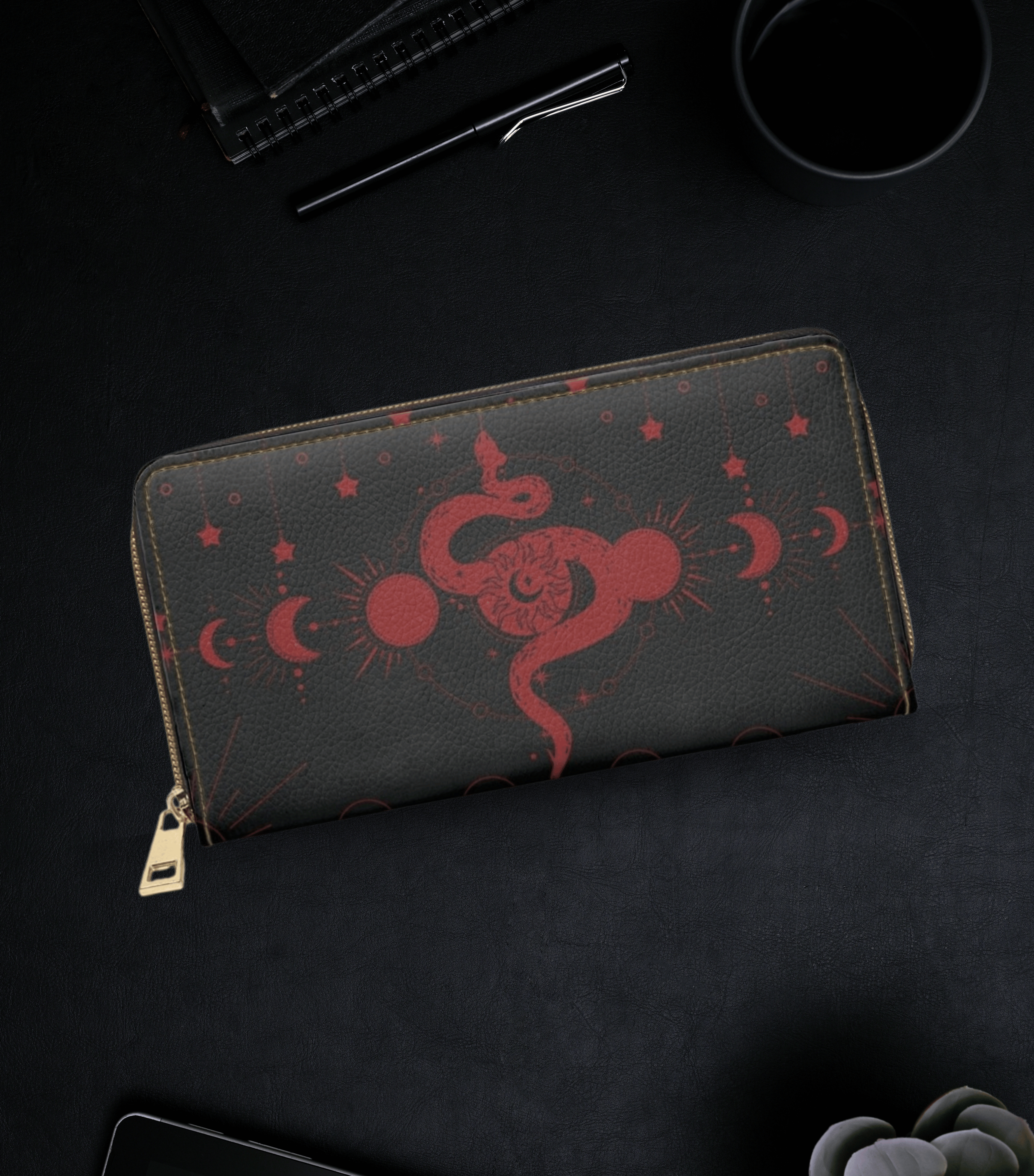 Gothic Celestial Snake Moon Phase Wallet | Witchy Faux Leather Zipper Clutch