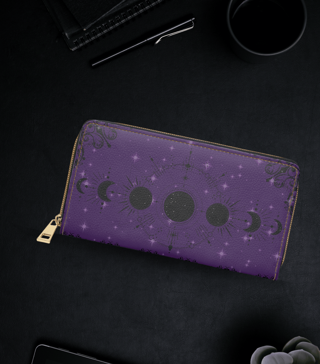 Gothic Gem Tone Moon Phase Wallet | Amethyst Ruby Emerald Faux Leather Zipper Clutch