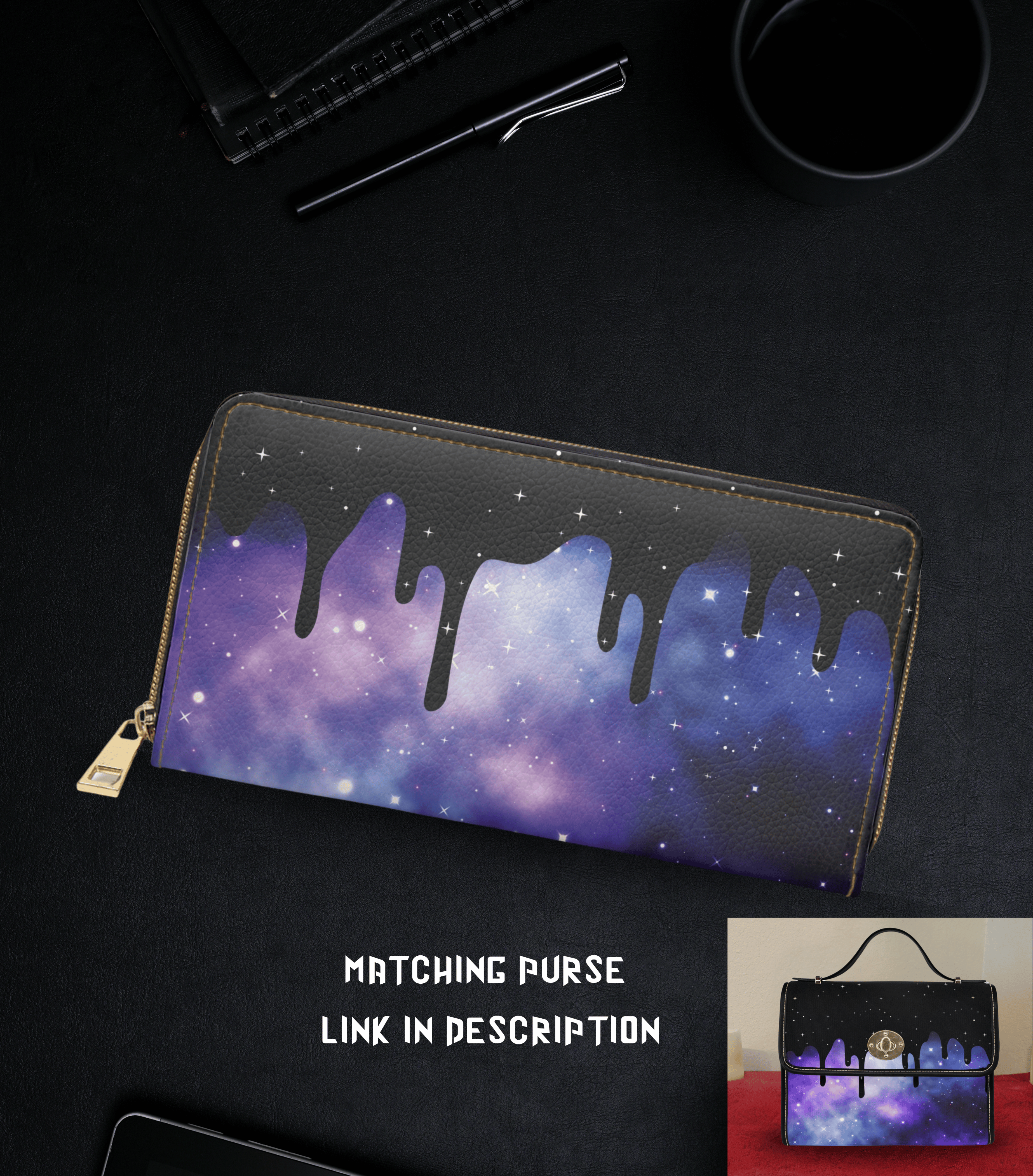 
Pastel goth black drip purple blue galaxy nebula stars faux leather zipper wallet gold hardware