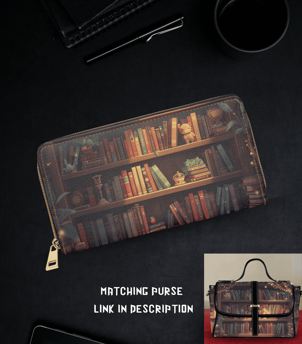 Whimsical bookcase cozy library colorful books plants fairy lights trinkets faux leather zipper wallet gold hardware