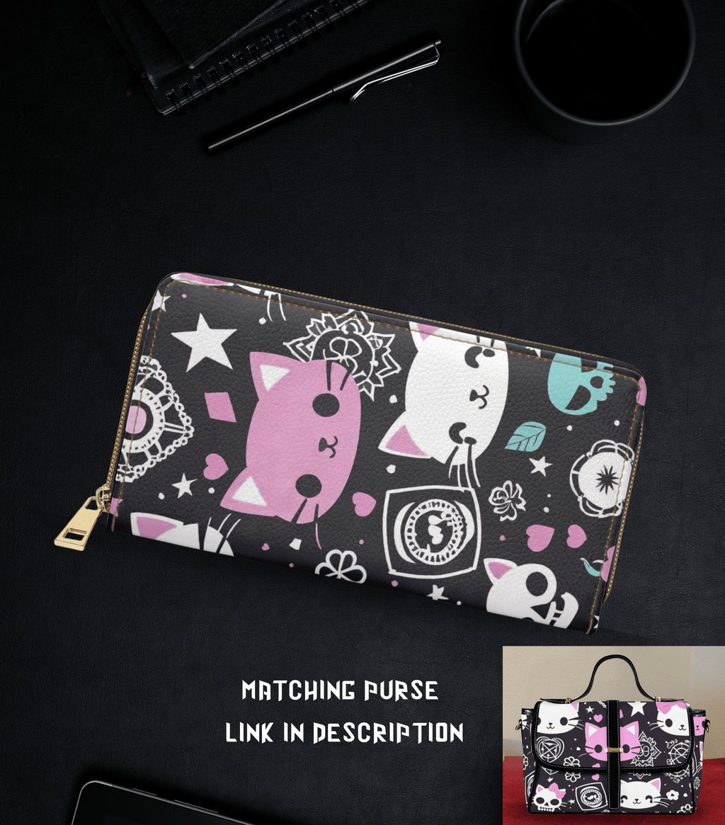 Pastel goth kawaii cat pink white teal skull lace mandala hearts stars black faux leather zipper wallet gold hardware