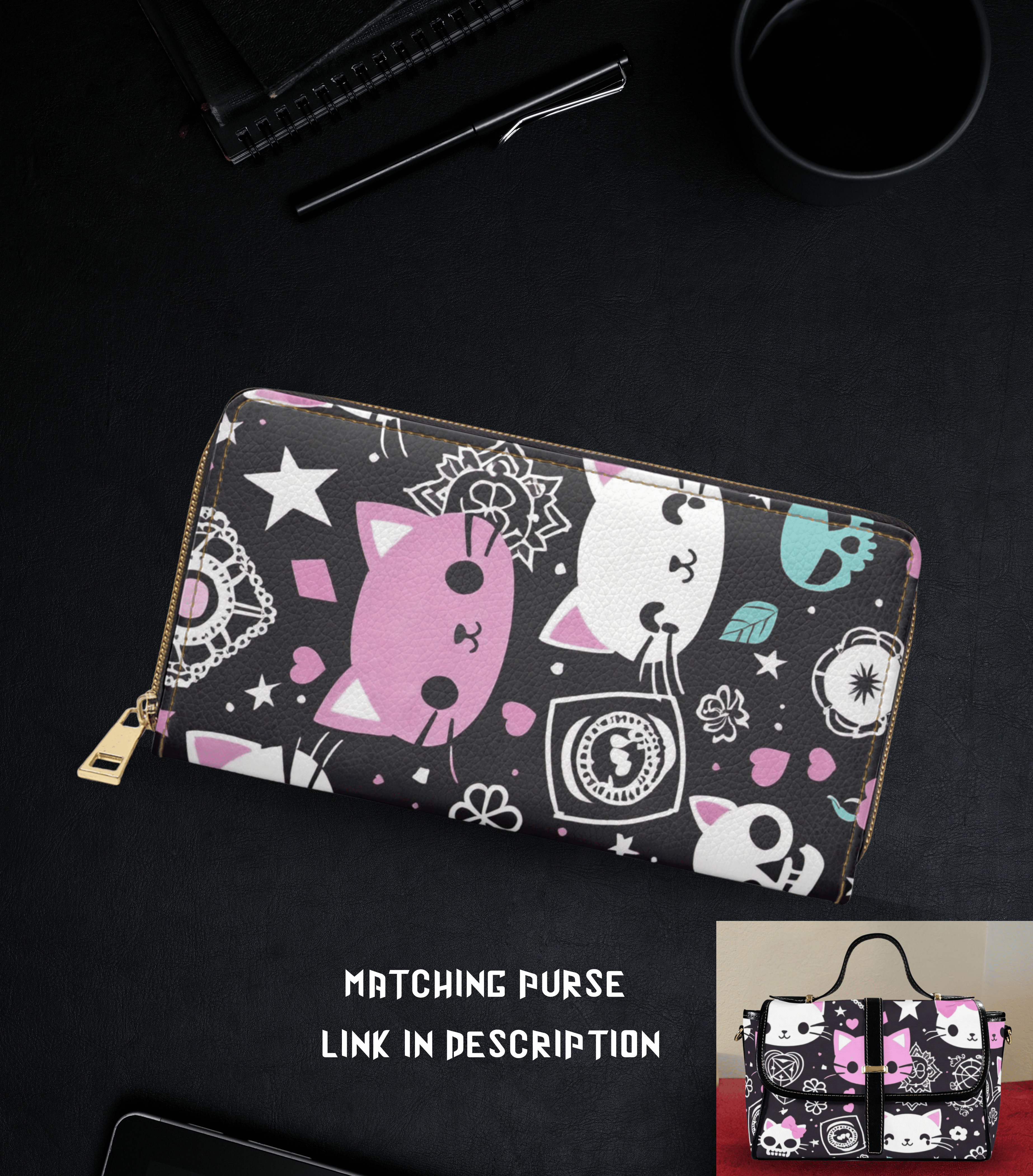 Pastel goth kawaii cat pink white teal skull lace mandala hearts stars black faux leather zipper wallet gold hardware