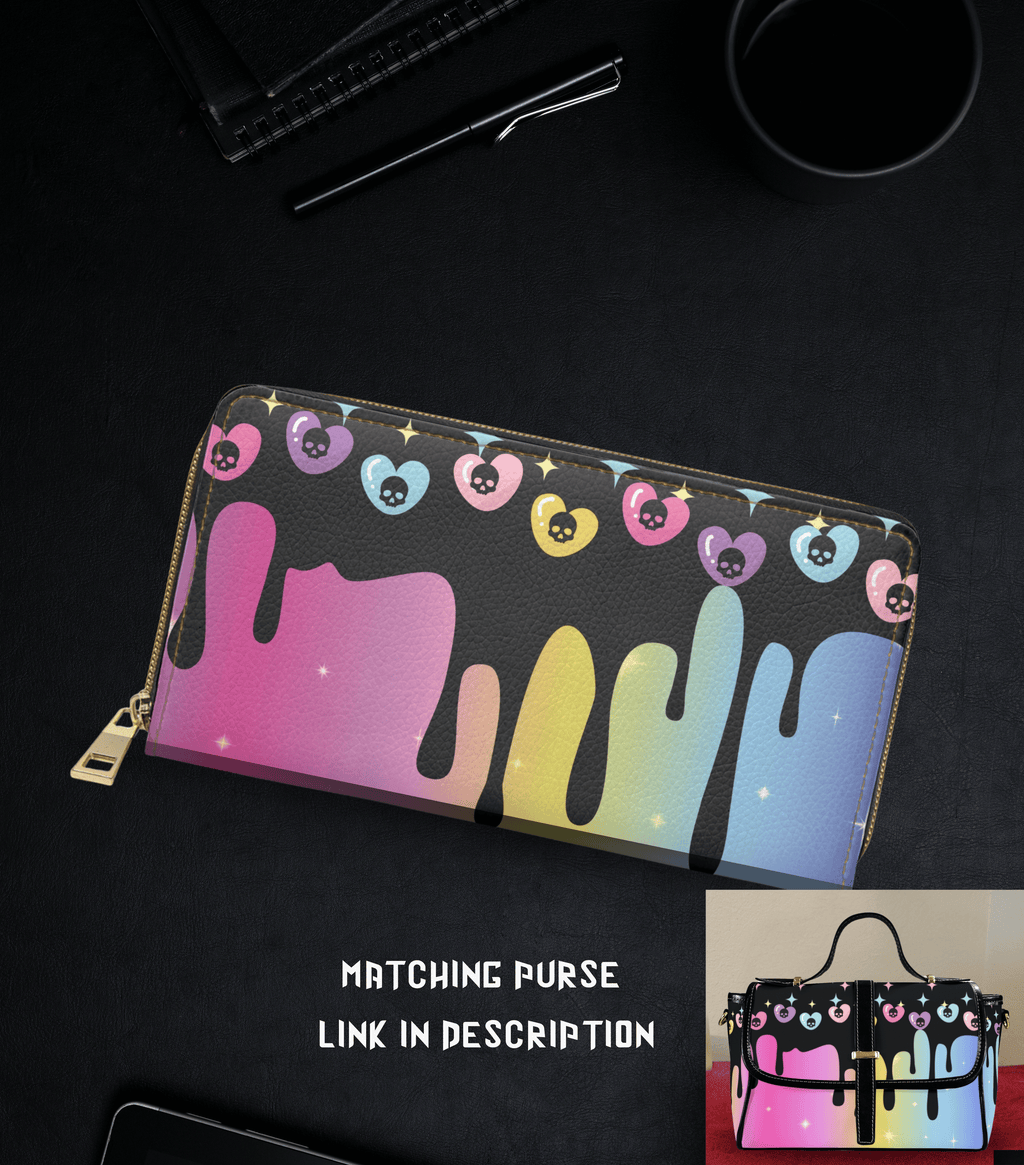 Pastel goth rainbow drip skull hearts pink yellow blue black faux leather zipper wallet gold hardware