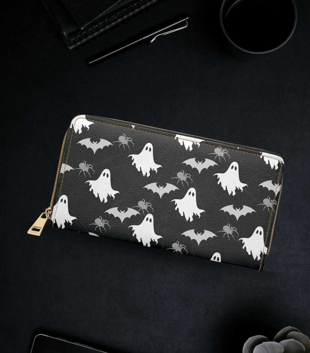 Gothic Ghost Bat & Spider Wallet | Spooky Print Faux Leather Zipper Clutch