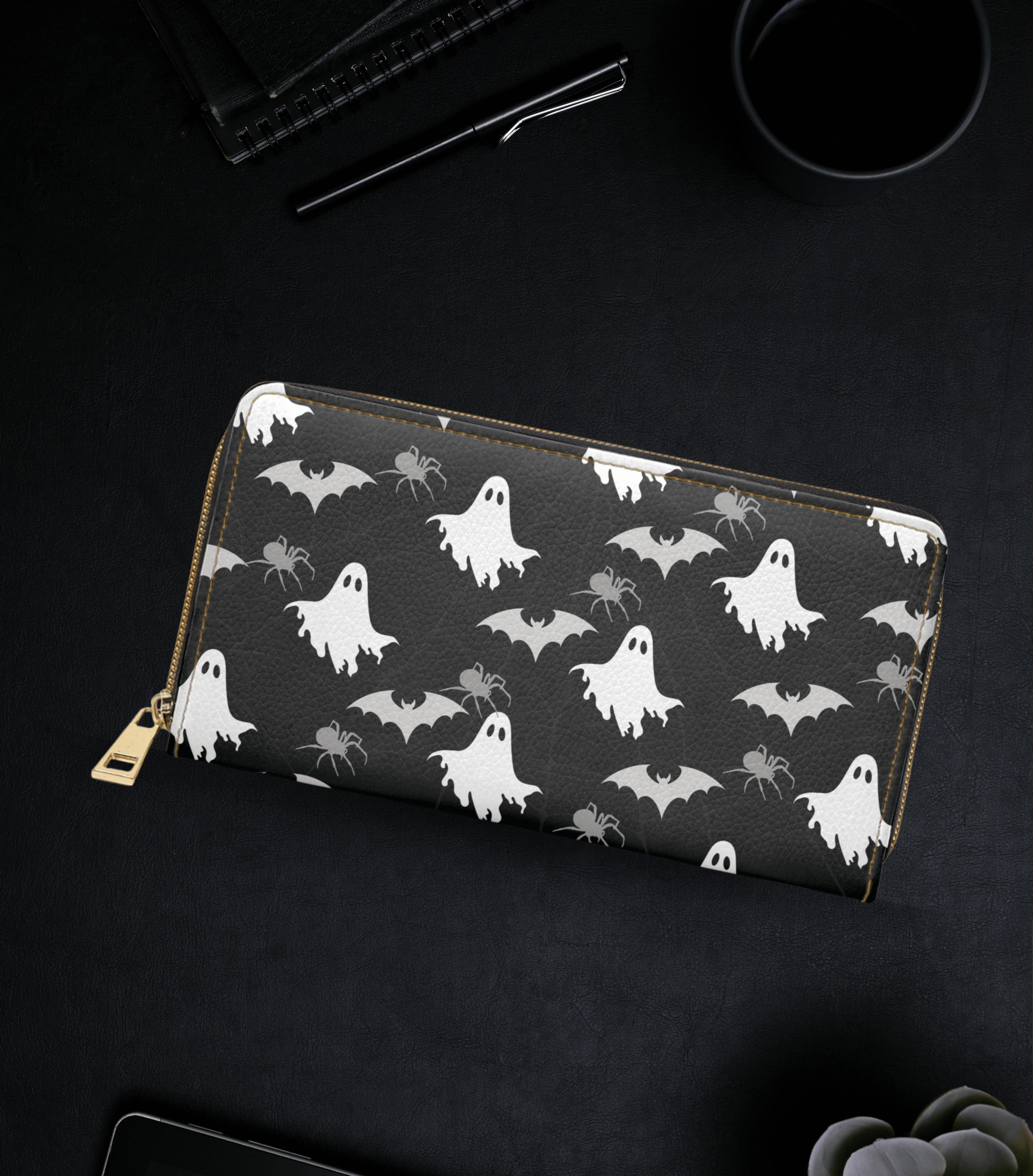 Gothic Ghost Bat & Spider Wallet | Spooky Print Faux Leather Zipper Clutch