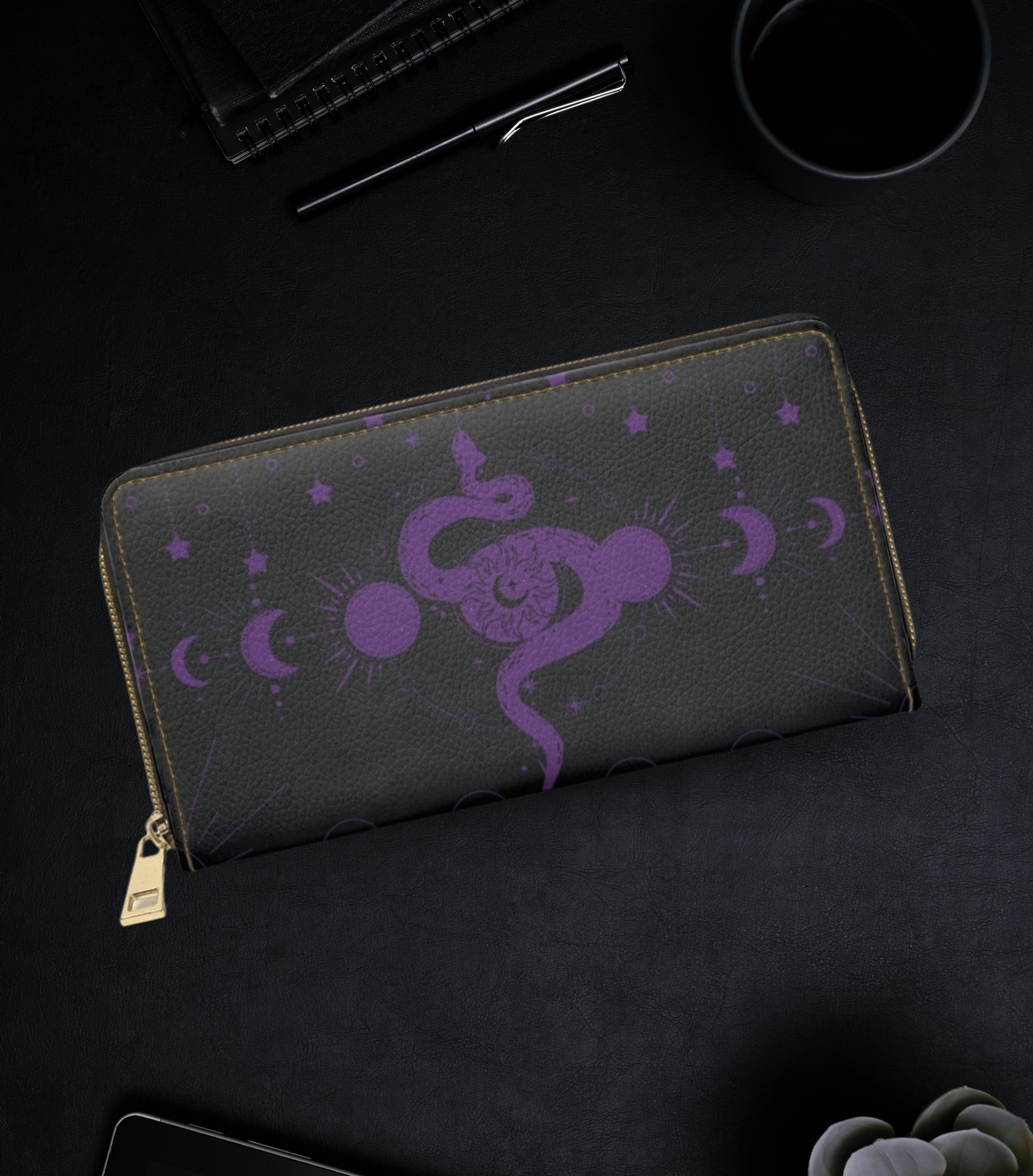 Gothic Celestial Snake Moon Phase Wallet | Witchy Faux Leather Zipper Clutch
