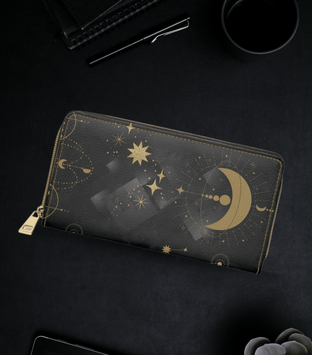 Gold Celestial Moon & Stars Wallet | Witchy Constellation Faux Leather Zipper Clutch
