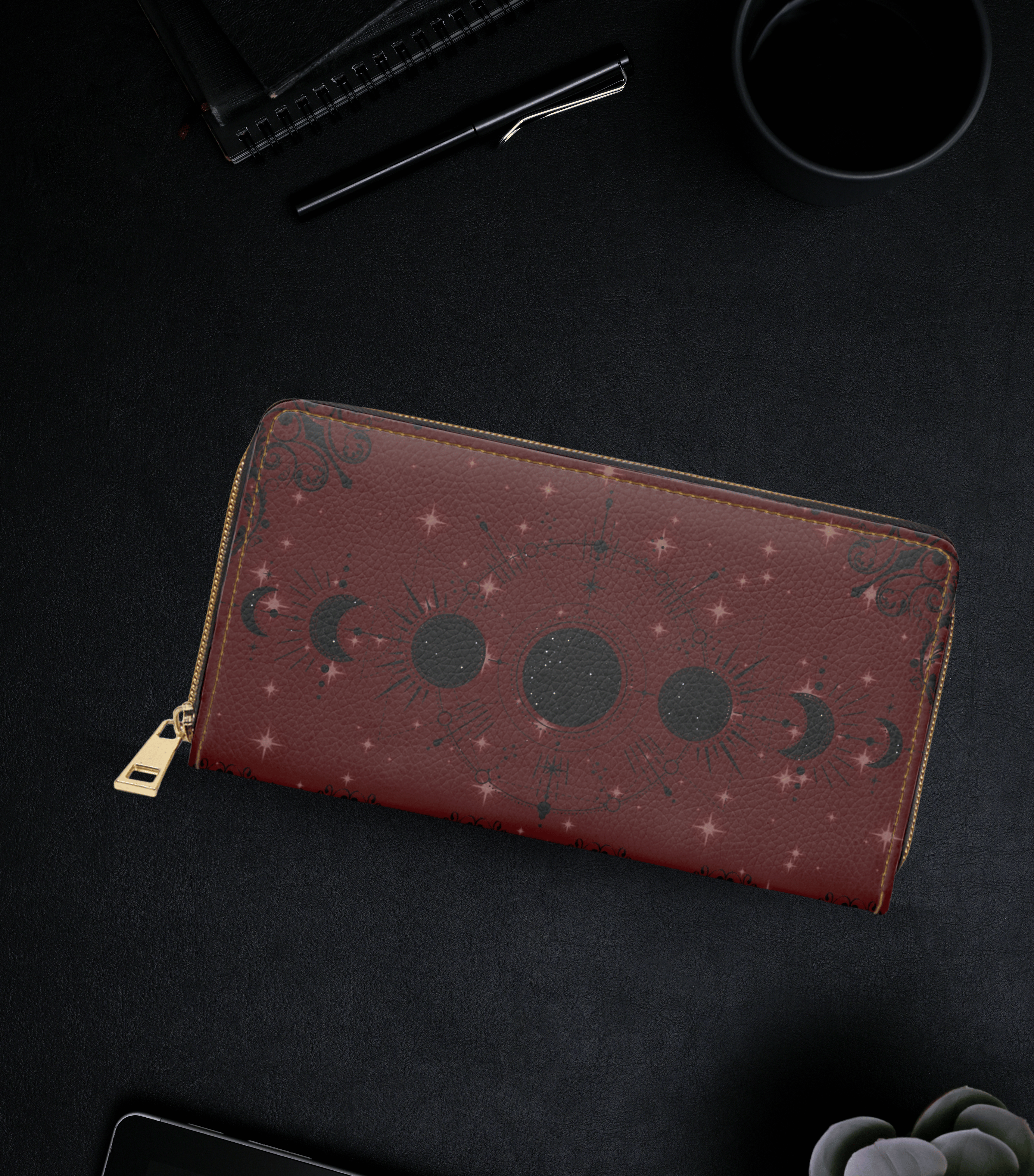 Gothic Gem Tone Moon Phase Wallet | Amethyst Ruby Emerald Faux Leather Zipper Clutch