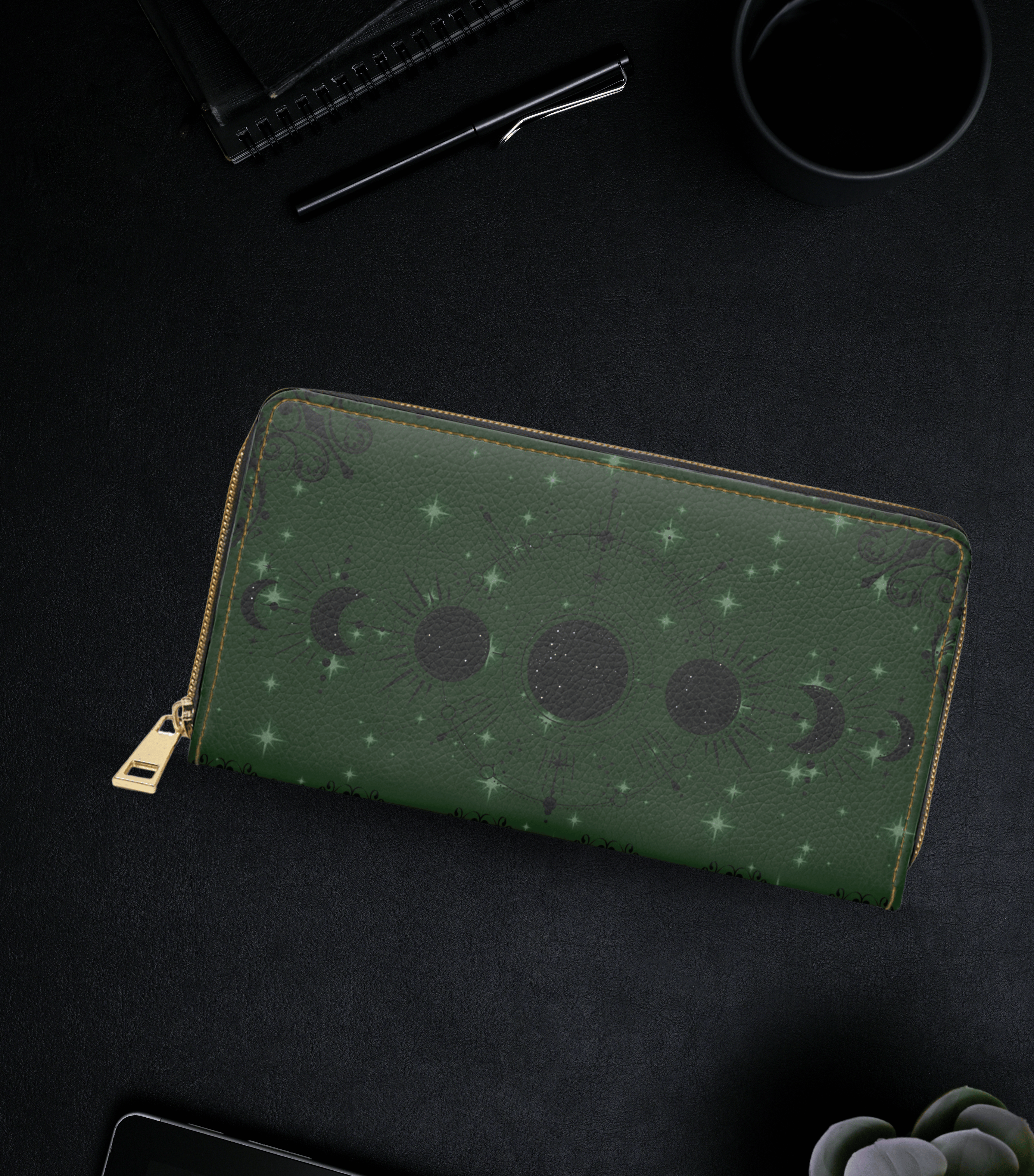Gothic Gem Tone Moon Phase Wallet | Amethyst Ruby Emerald Faux Leather Zipper Clutch