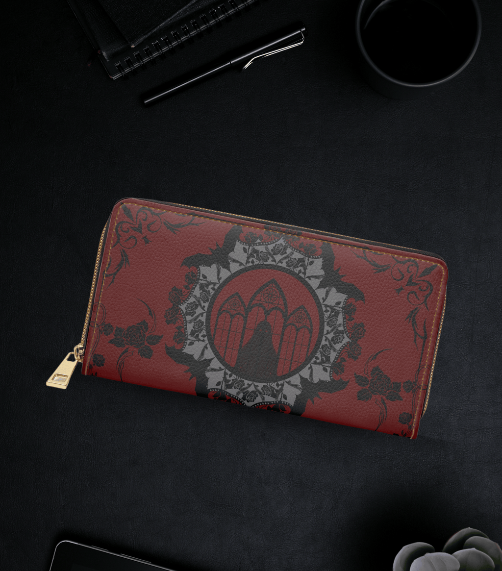 Gothic Cathedral Bat Mandala Wallet | Crimson Rose Faux Leather Zipper Clutch