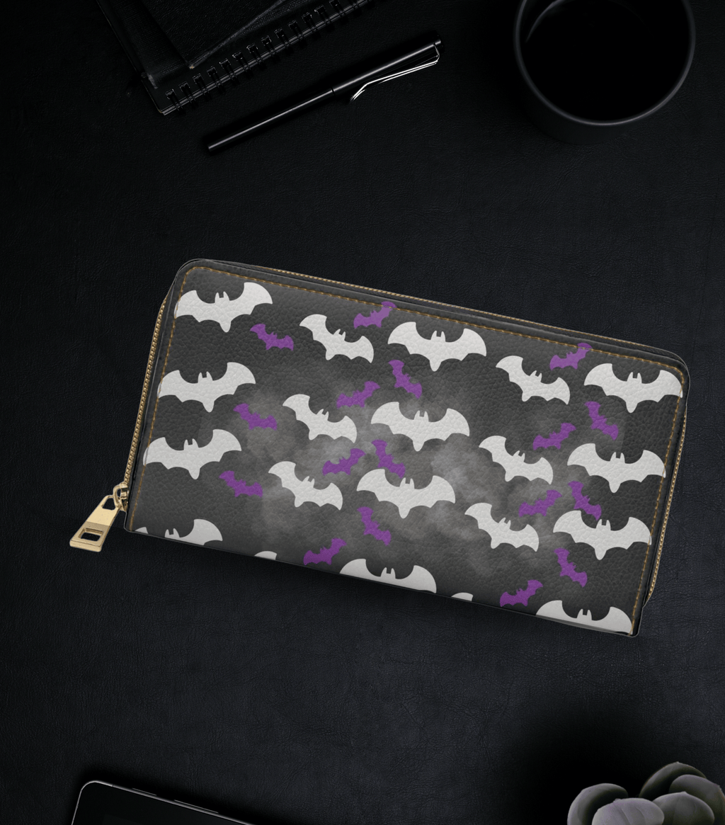 Gothic white purple bat silhouette pattern smoky charcoal faux leather zipper wallet gold hardware