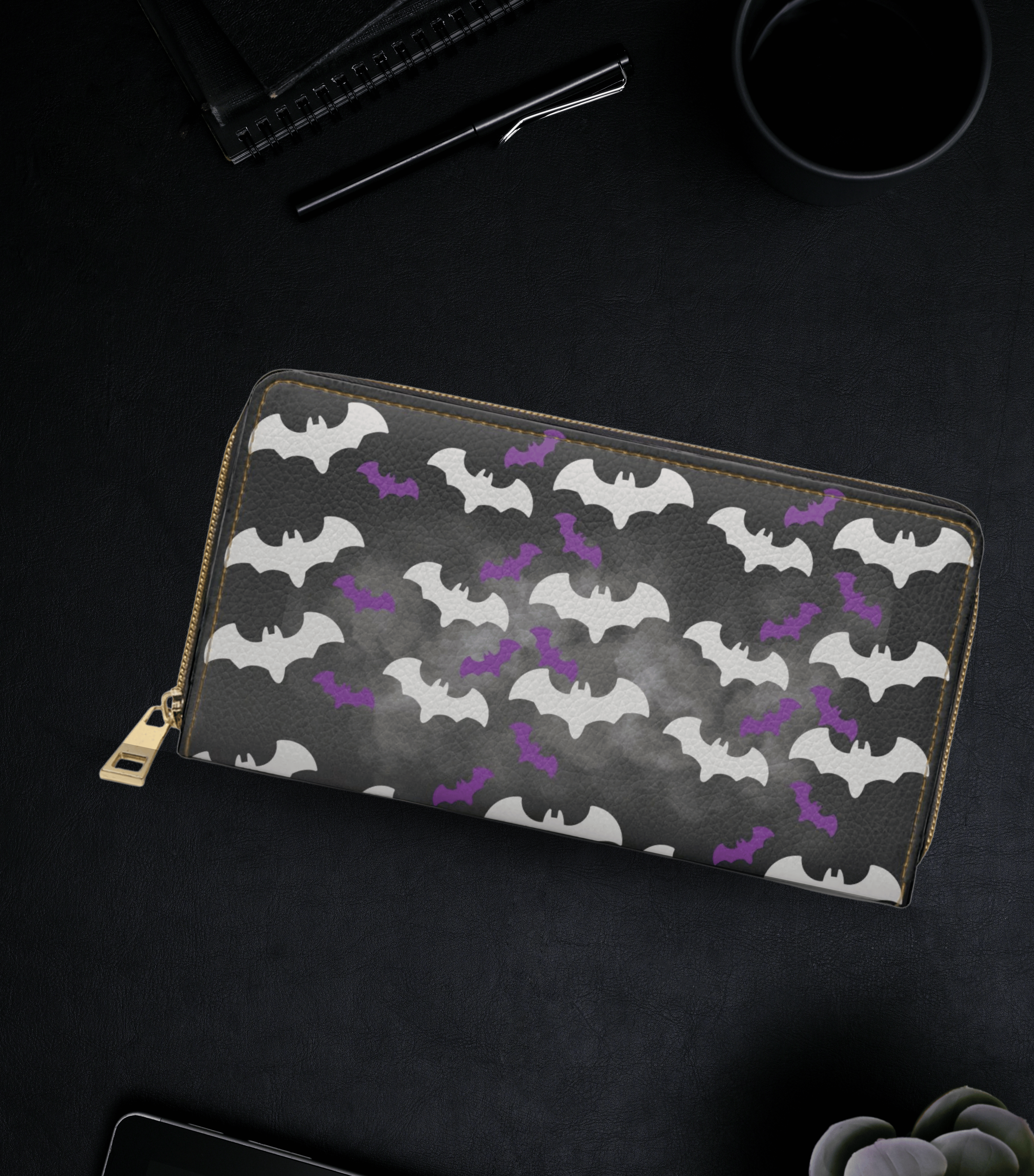 Gothic white purple bat silhouette pattern smoky charcoal faux leather zipper wallet gold hardware