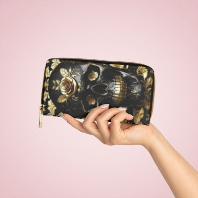 Gothic Black & Gold Skull Rose Wallet | Cruelty Free Faux Leather Zipper Clutch